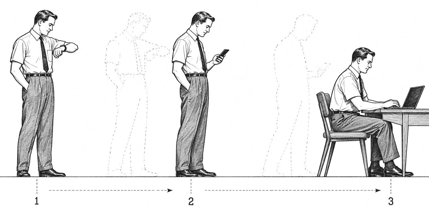 A three-stage illustration of a man checking his wristwatch, using a smartphone, and sitting at a laptop, connected by arrows.